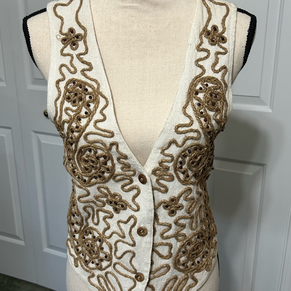 Vintage 90s Cream and Brown Vest with rope and bead detailing embroidery
